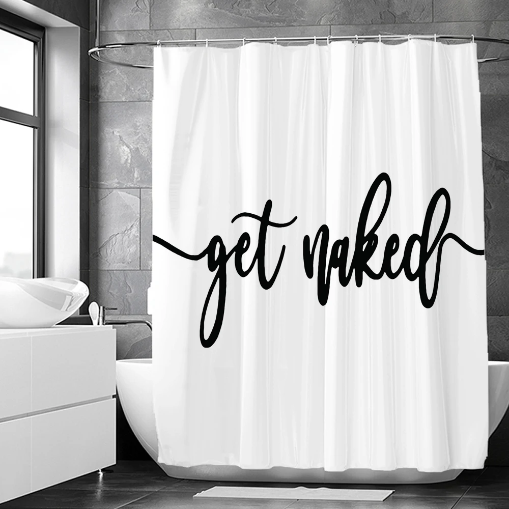 Black Theme Get Naked Decor Shower Curtain White Art Words Sexy Red lip Waterproof Polyester Fabric Bath Curtain With Hooks