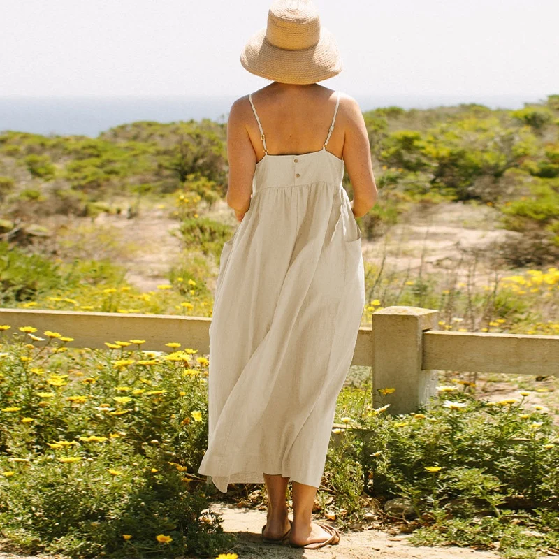 

Beach Style 100% Cotton Summer Casual Maxi Dress Loose Waist Sleeveless Square Neck A-Line Boho Dresses with Pockets Female Robe