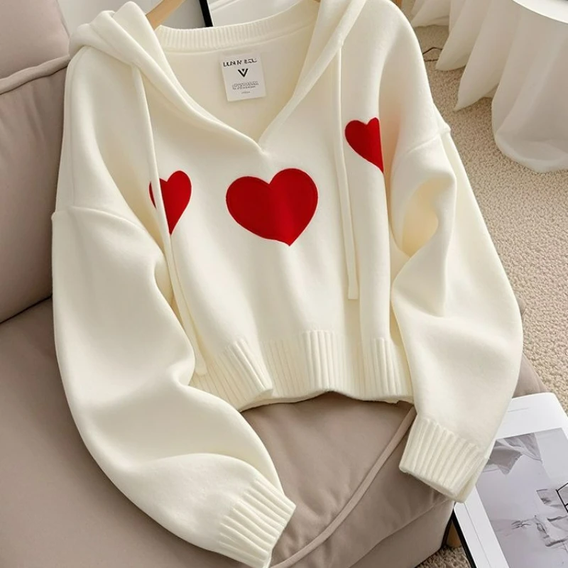 

Fashion Heart Print Knitted Pullover Woman Autumn Winter White Hooded Soft Wool Sweater Women Versatile Cashmere Knitwear
