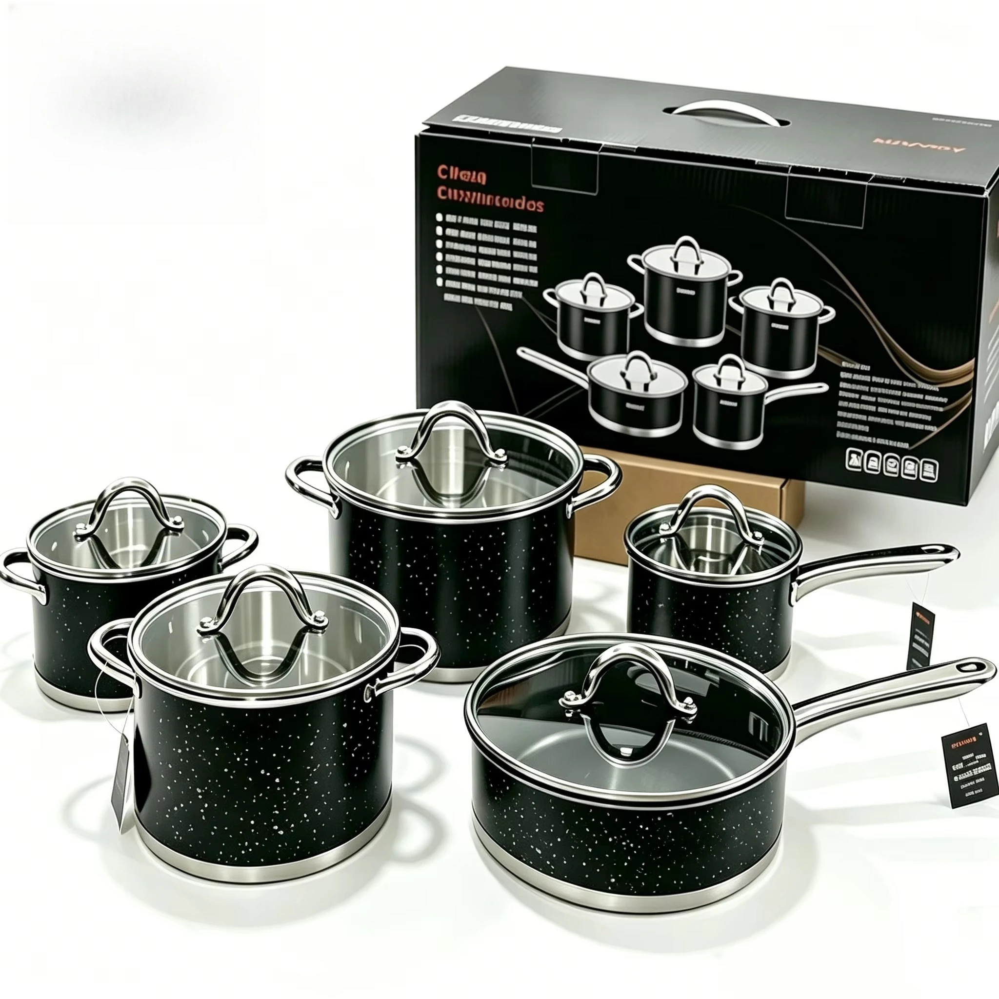 Classic Kitchen Cookware Sets 10PCS Black Stainless Steel Casserole Cooking Pan Wok and Pan Pot Set Five-layer Composite Base