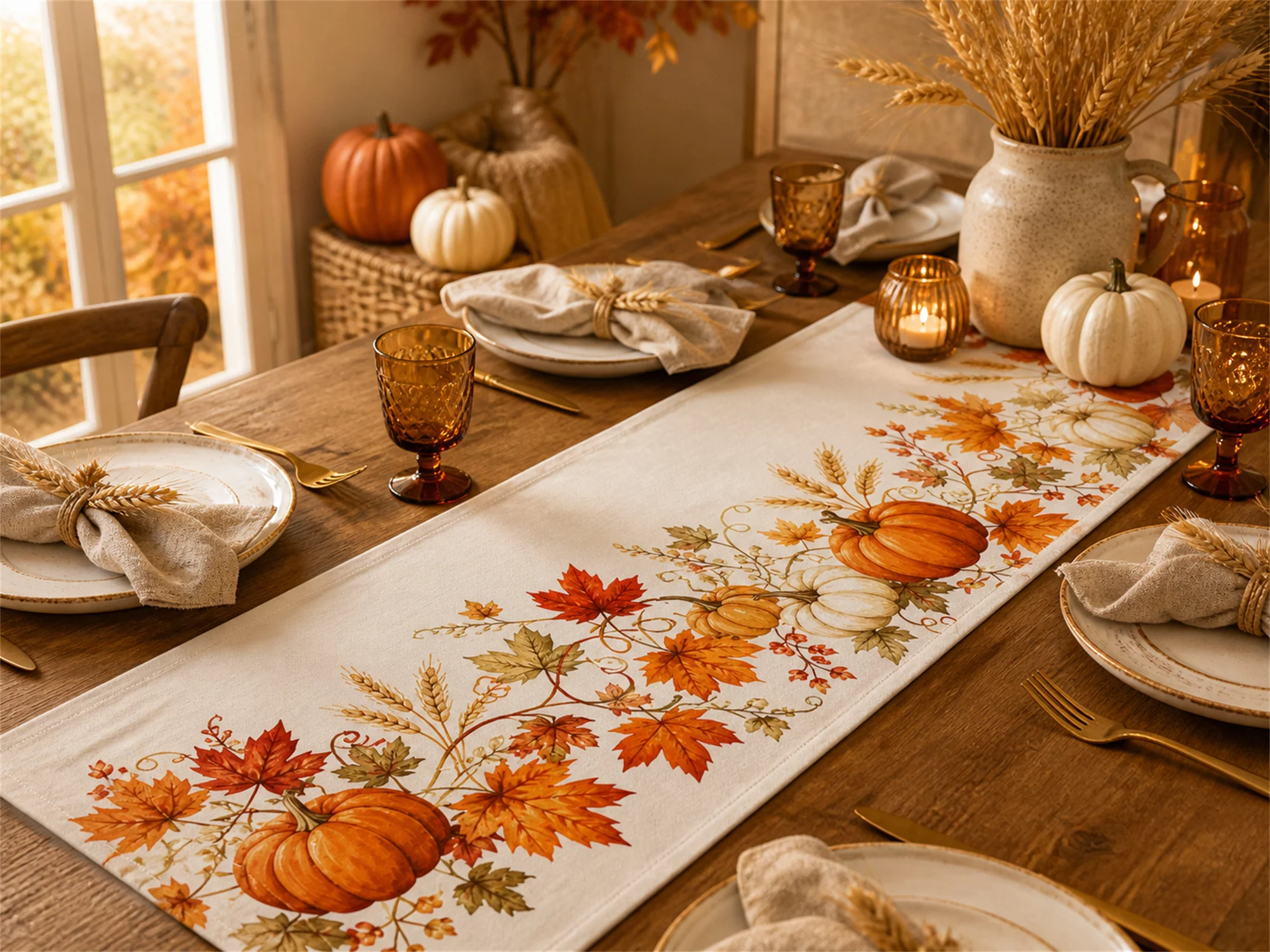 Fall Pumpkin Maple Leaf Table Runner Autumn Harvest Dining Table Decor Thanksgiving Farmhouse Home Decoration