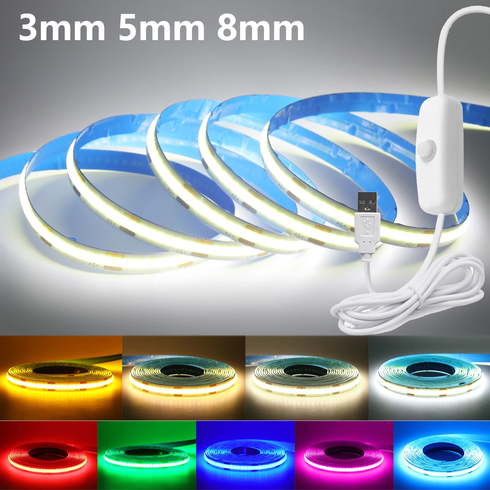 3MM 5MM 8MM COB LED Strip With 1.5M ON/OFF Switch 5V USB 320LEDs/m Warm White Red Green Blue Yellow Pink Flexible Tape for Room