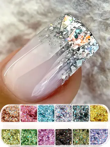 12 Grids Holographic Glitter Nail Art Sequins Sparkly Irregular Nail Flakes Powder Nail Art Mermaid Makeup Manicure Decorations