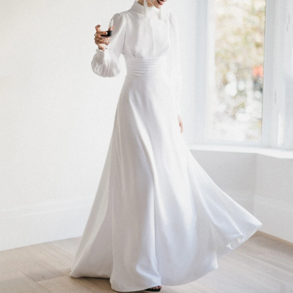 

Simple High Neck Long Sleeves Wedding Dress Sexy Open Back A-Line with Pleat Floor Length Bridal Marriage Gowns Custom Made