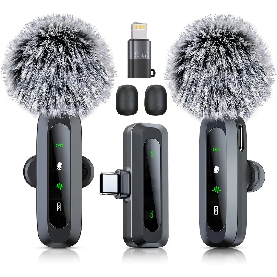 

2 Pack Wireless Lavalier Microphone for iPhone 15 16 iOS and Android Phone USB C Mini Microphone LED Display Clip on Mic for Vi