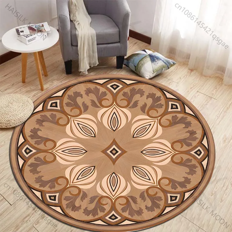 Elegant circular wooden floral design Printed round carpet living room sofa table carpet large pet mat soft round carpet