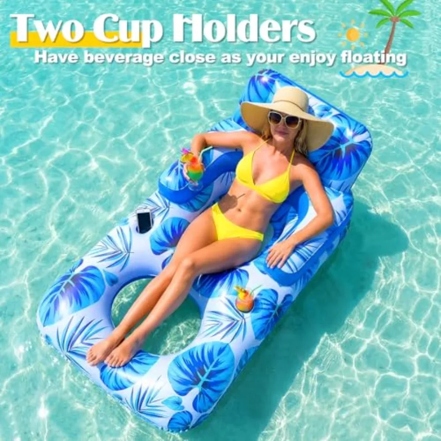 Pool Floats Adult 65 Thicken PVC Inflatable Pool Float Lounger Rafts with Cup Phone Holder Headrest Backrest Footrest Comfort P