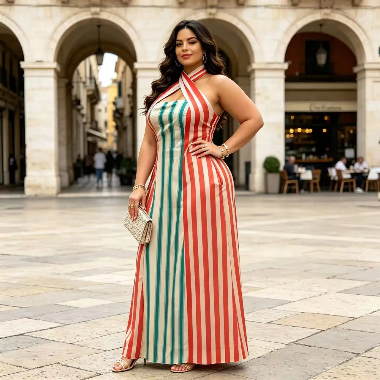 plus Size Women's Striped Maxi Dress Cross Halter Neck Sleeveless Long Dress with Side Split for Summer Beach Party Evening Body