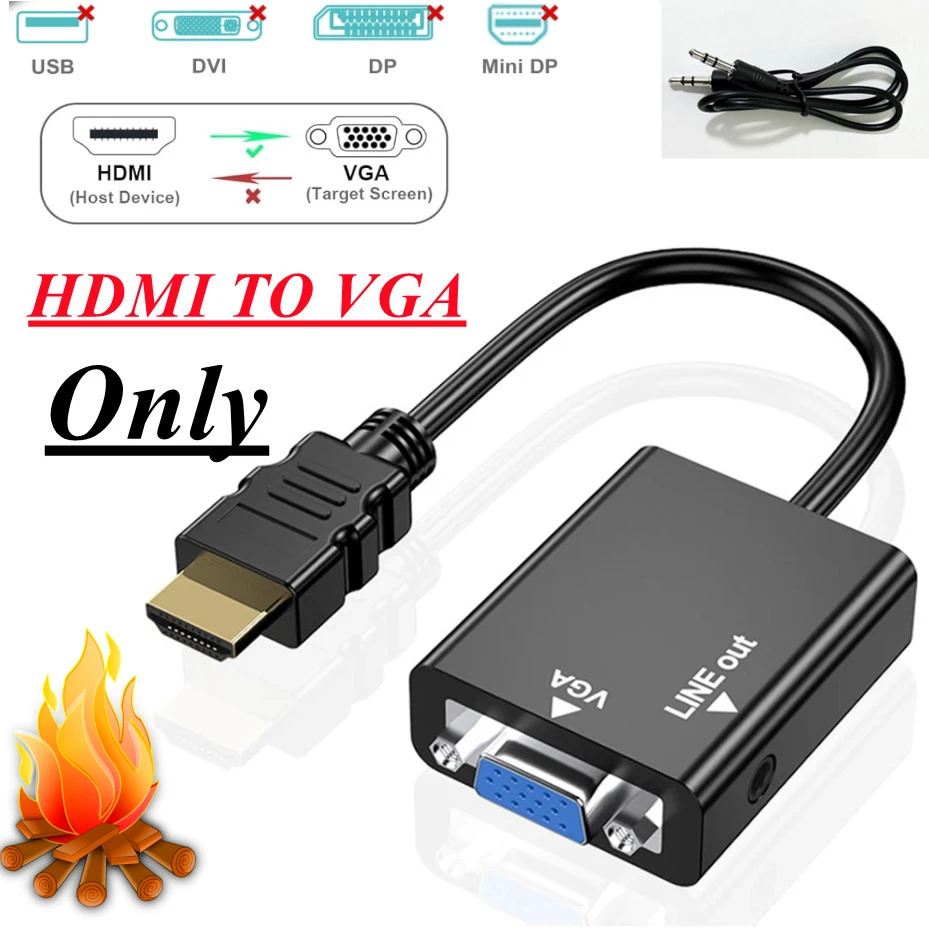 HDMI-kompatibel zu VGA mit 3,5-mm-Audio-HDTV-Stecker auf VGA-Buchse, Konverteranschluss HD zu VGA-Ausgang, 1080P HDTV-Video