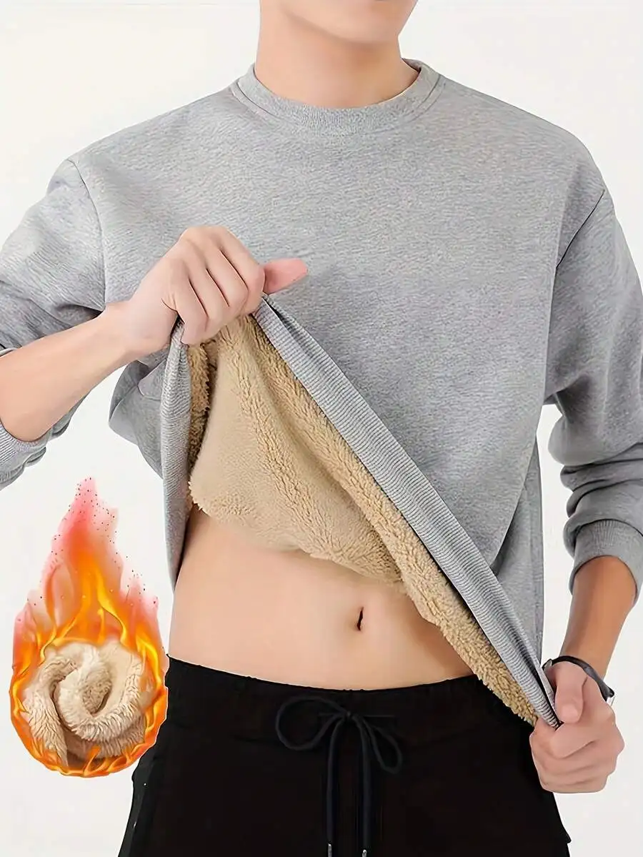 

Men's Solid Gray Thermal-Lined Pullover Sweatshirt for Cold Weather