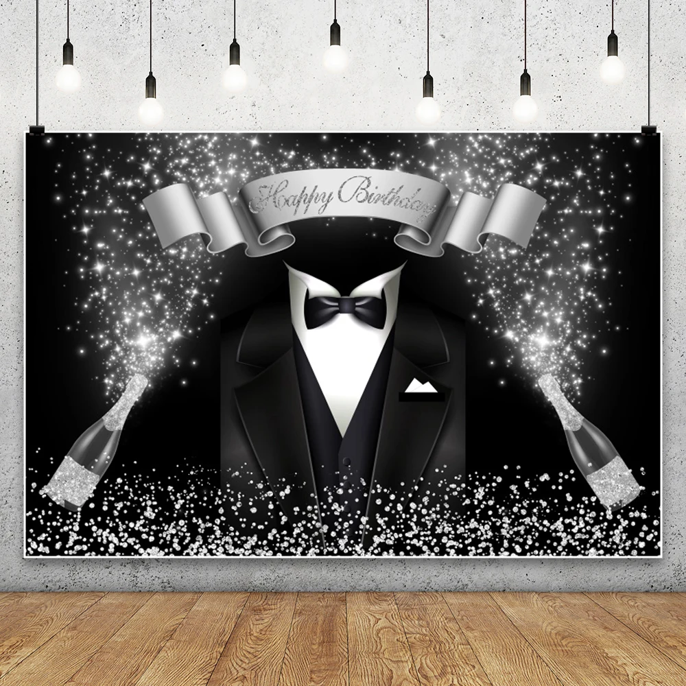 Gentleman Black Tuxedo Backdrop for Men Black and White Bow Tie Suit Luxury Boy Adult Birthday Dinner Photography Background