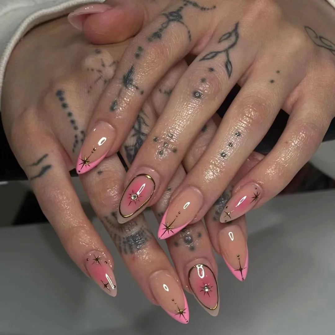

24PCS Pink Blush Sweet Cool French Press on Nails Set with Glue Golden Star Diamonds Fake Nails for Girls Almond False Nail Tips