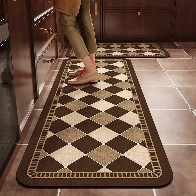 Retro Brown Plaid Carpet PVC Leather Kitchen Foot Mats Anti-slip Durable Floor Mat Oil-resistant Washable Easy Clean Rug Tapis