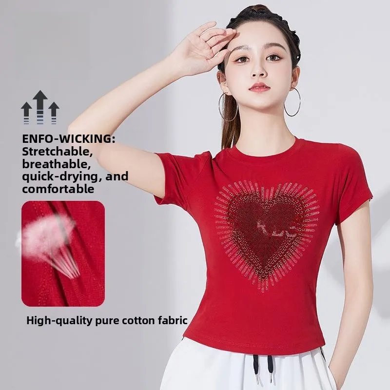 

Новинка лета ort Sve Rhinestone из чистого хлопка, повседневная одежда для фитнеса, одежда для бега и отдыха, топ для занятий спортом женщин