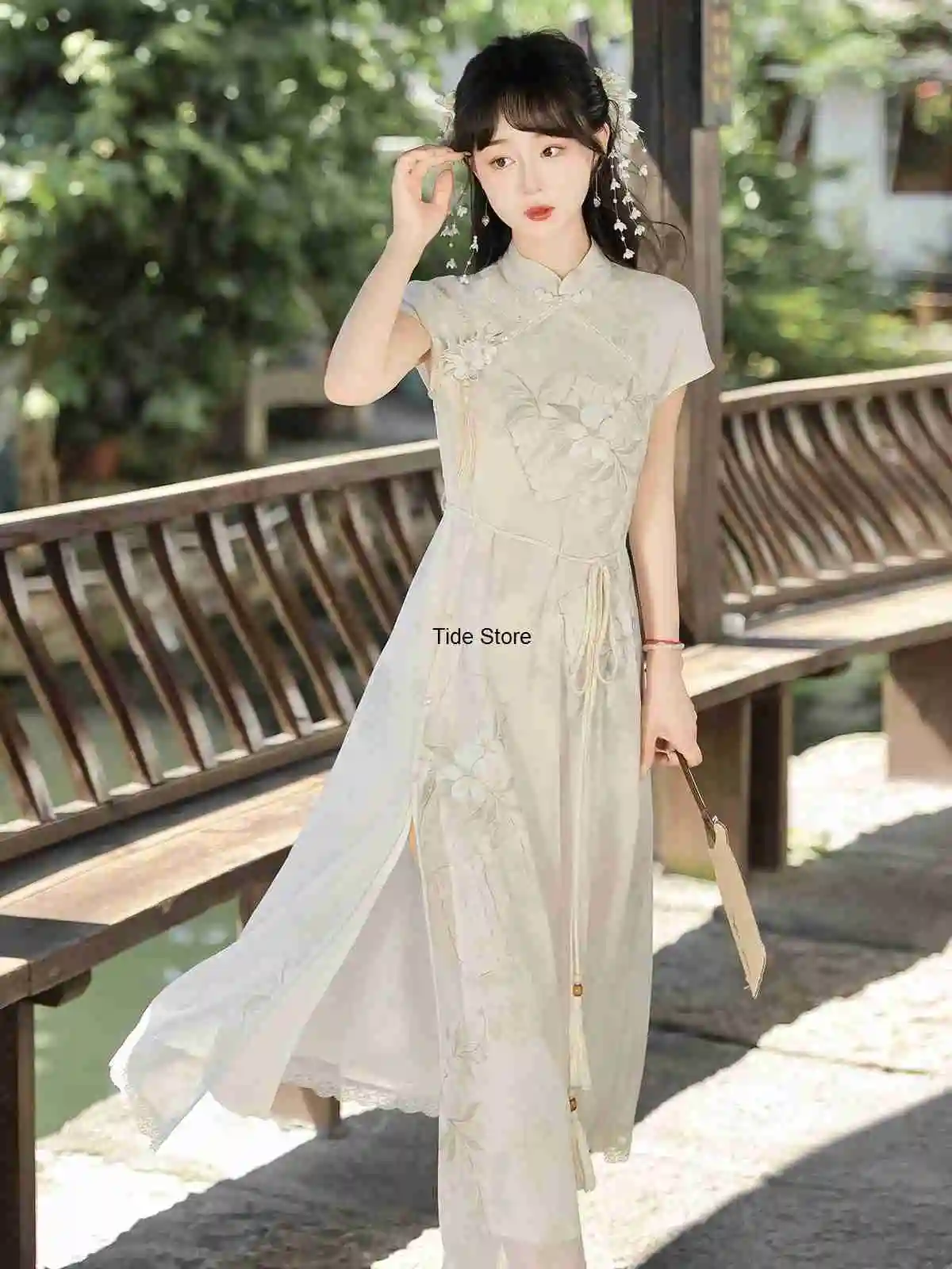 Pear Blossom Curve Improved Cheongsam Young Style Girl New Chinese Style Dress Daily Dresses Short Sleeve Summer view 2