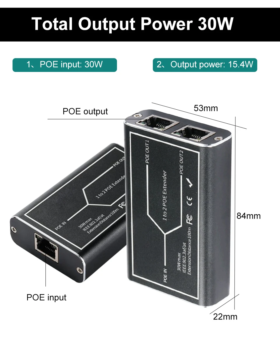 번개 보호 기능 POE 익스텐더 도구, NVR IP 카메라용, IEEE 802.3af/at 표준 48V, POE 확장 100 미터, 1to2 포트