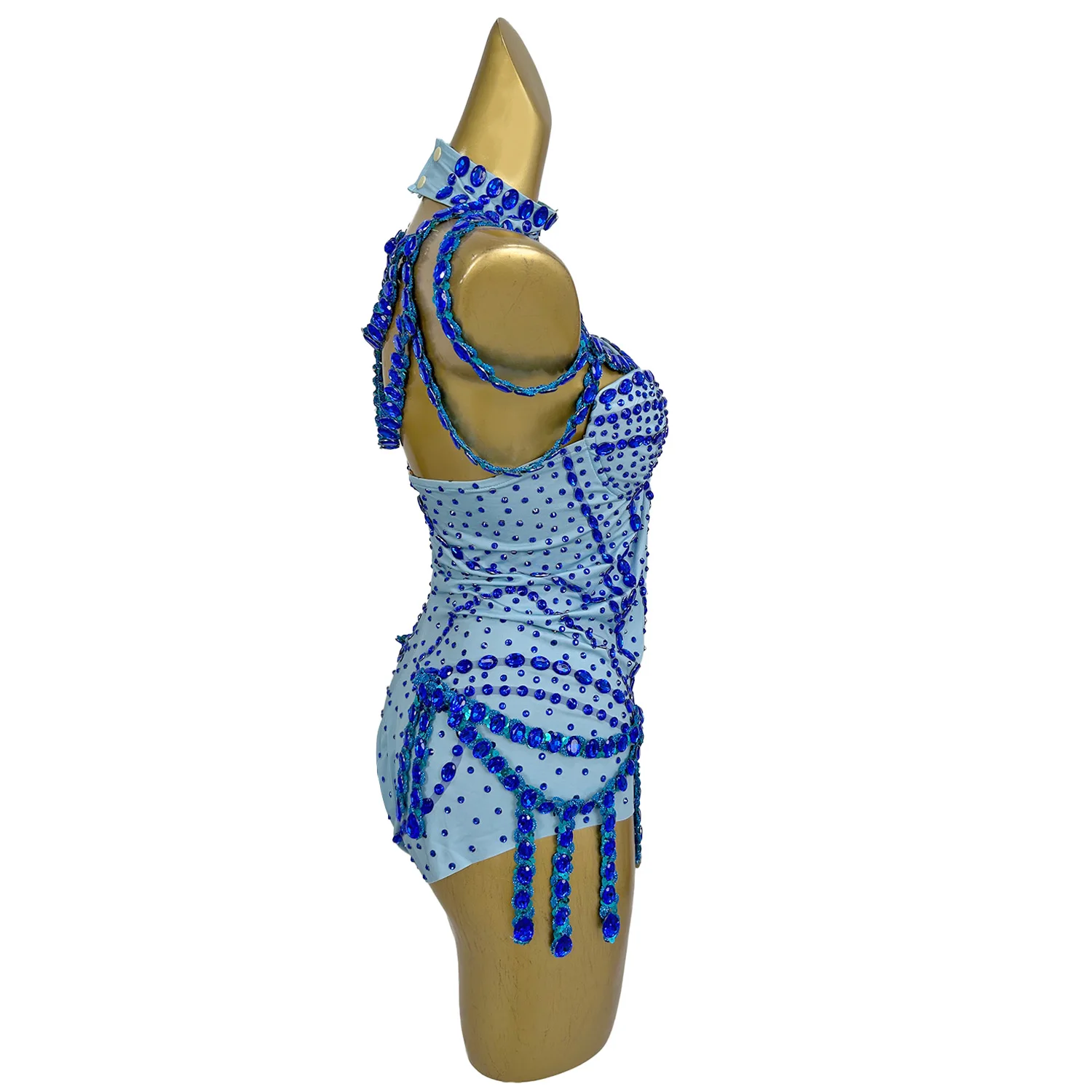 Mono Mujer Blue Rhinestone Fringes Party Jumpsuits ลากแสดง Playsuits เทศกาลเครื่องแต่งกายผู้หญิงเต้นรํา Leotard ประสิทธิภาพ Bodysuit