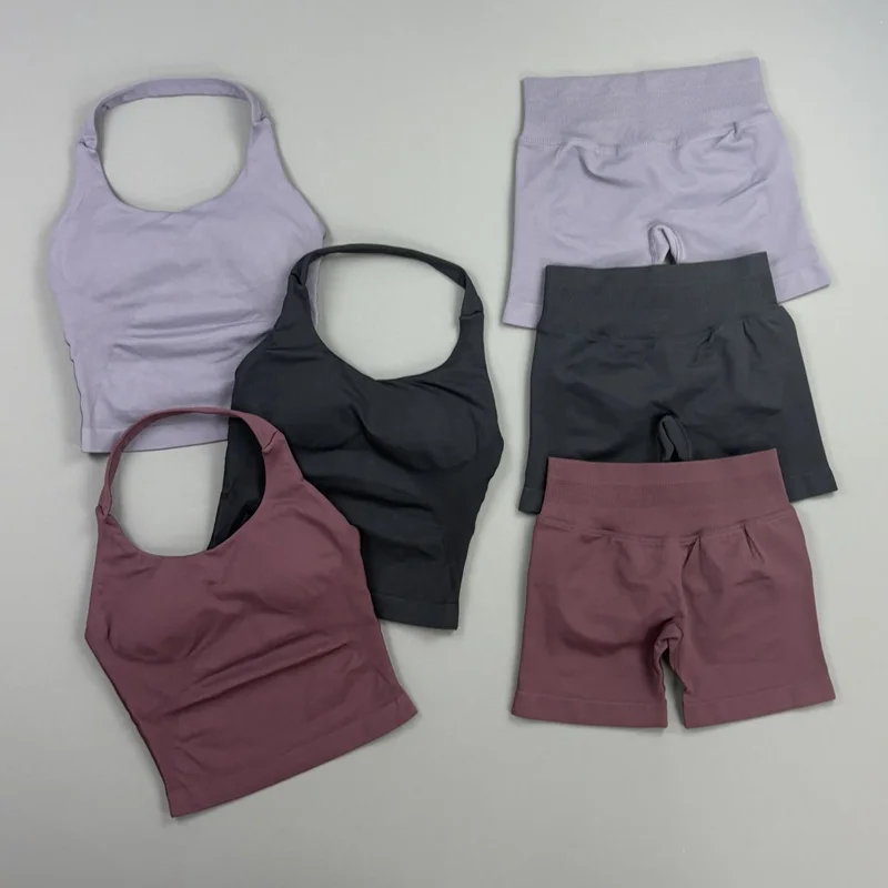 HISTELLO Impact Gym Set Women Sports Halter Top Ribbed Shorts Yoga Workout Sportswear Training Fitness Seamless Leggings Suit