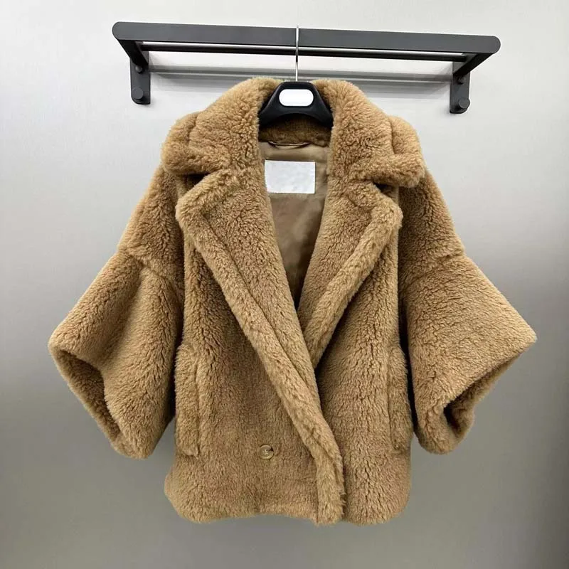 Teddy Bear Solid Color Cape Style Women Coat Winter Short Length Thick Warm Turn-Down Collar Sheep Wool +Alpaca+ Silk