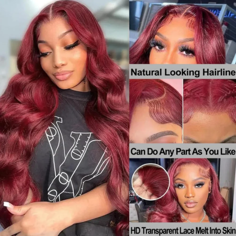 99J Burgundy Body Wave Lace Front Wig 250 Density 13x4 13x6 HD Transparent Lace Frontal Wig Pre Plucked Baby Hair Brazilian Virgin Human Hair Red Colored Wigs For Black Women image 4