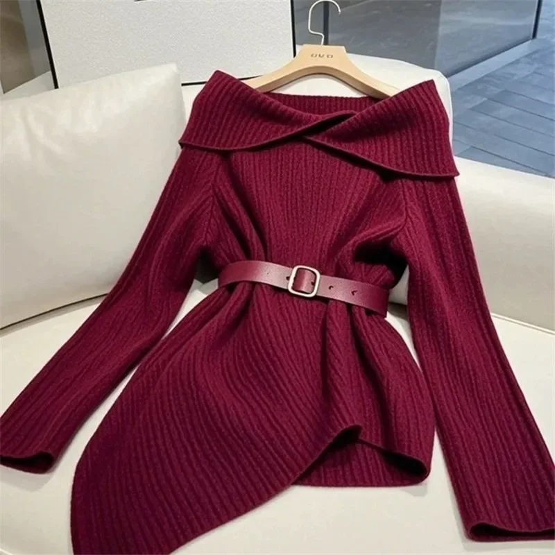 Retro Wine Red Wool Knit Sweater Women Autumn New Design Off Shoulder Knitted Pullover Belt Irregular Knitwear