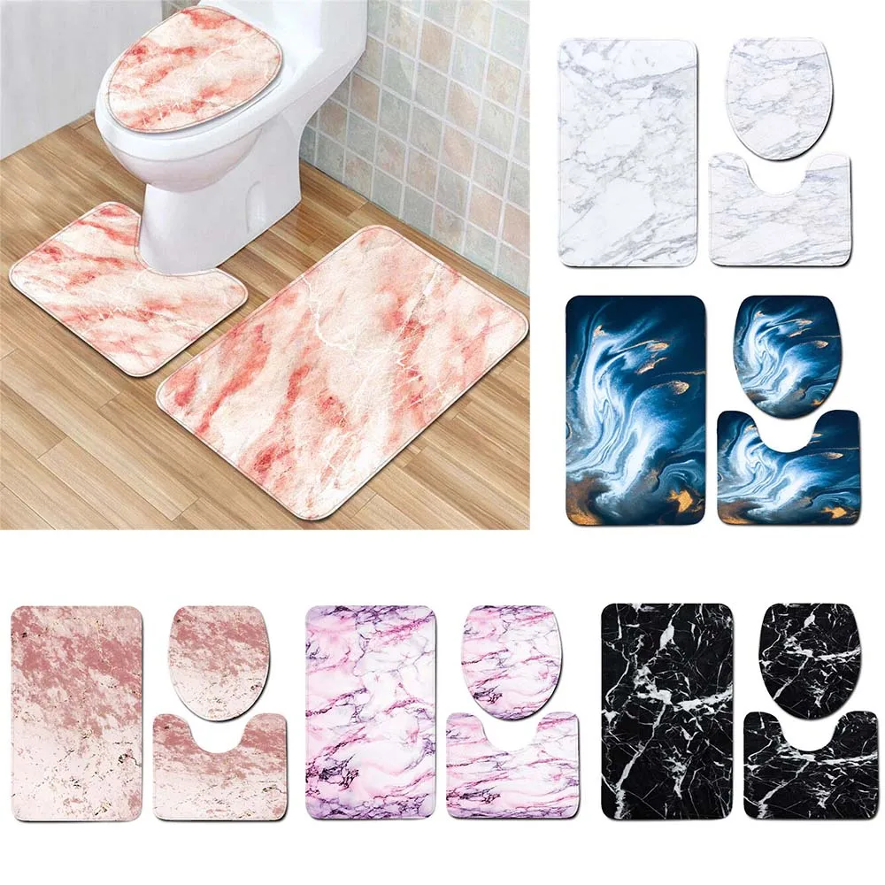 

3Pcs Toilet Mat Set Marble Texture Toilet Carpet Anti-slip Shower Mat Foot Mat Set of Bath Mats Home Decor Bathroom Accessories