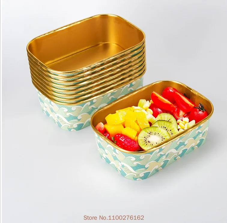 50pcs/pack Disposable Square Paper Bowl Wave Style Gold Foil Soup Bowl  Takeaway Box Packaging Bowl Insulation