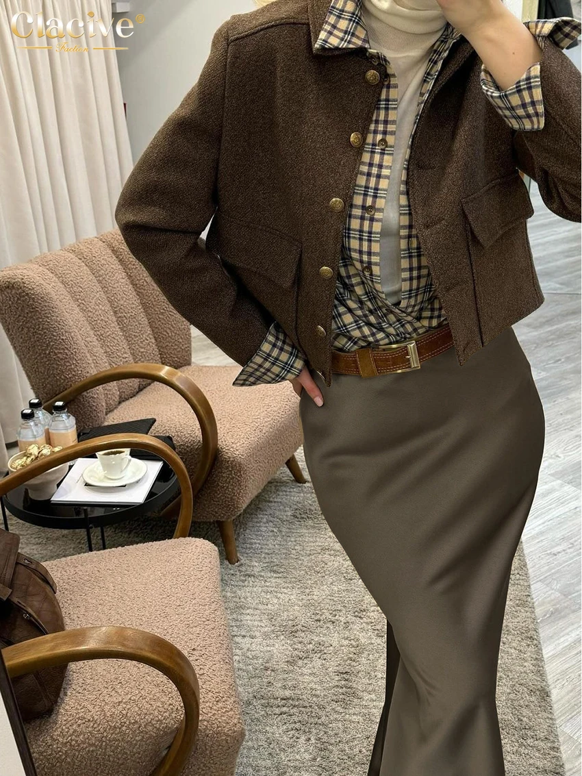 Clacive Fashion Loose Brown Satin Skirts For Women Elegant High Waist Long Skirt Casual Classic Solid Skirt Female Clothing