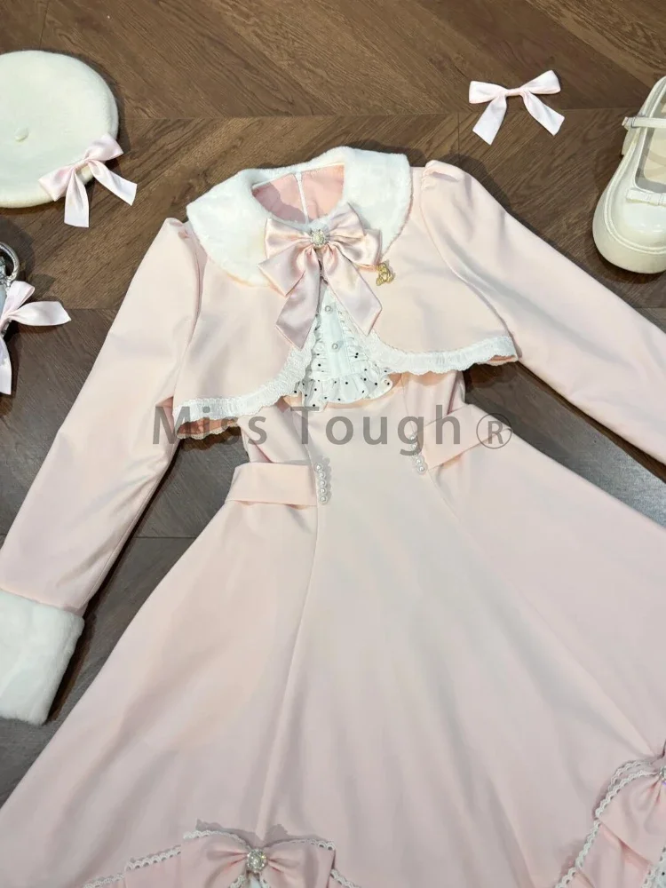 France Sweet Pink Slim 2-piece Set Women Pretty Elegant Long Sleeve Bow Lapel Short Coat + Solid Thin Lolita Dress Female New