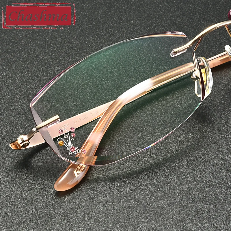 

Women Rimless Eyeglasses Luxury Engraved Tint Crystal Titanium Glasses Frame Prescription Spectacles Customize Lenses