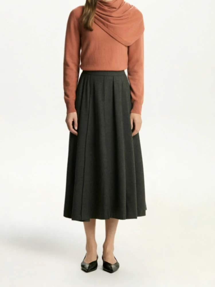 

Woolen Skirt with Wide Hemline by Dny Ele Autumn Winter Faion for Women High Waist Pleated Loose Fit