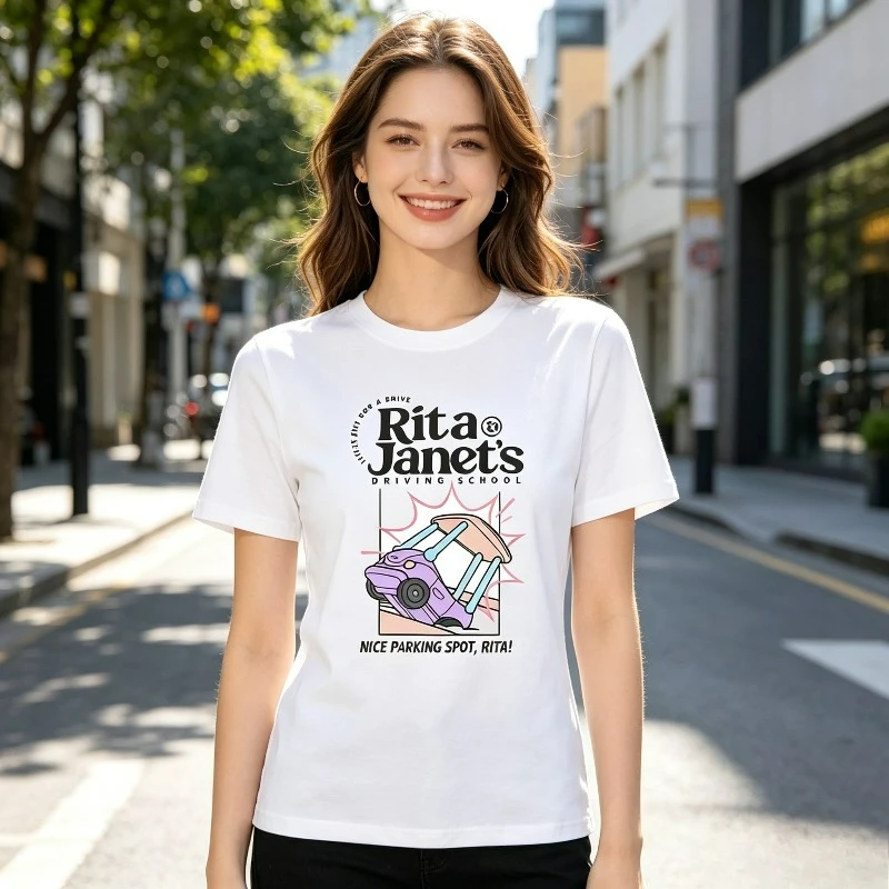 Women Retro Car Graphic Tee Rita Janets Driving School Nice Parking Streetwear Summer Crew S/S Casual Daily Top