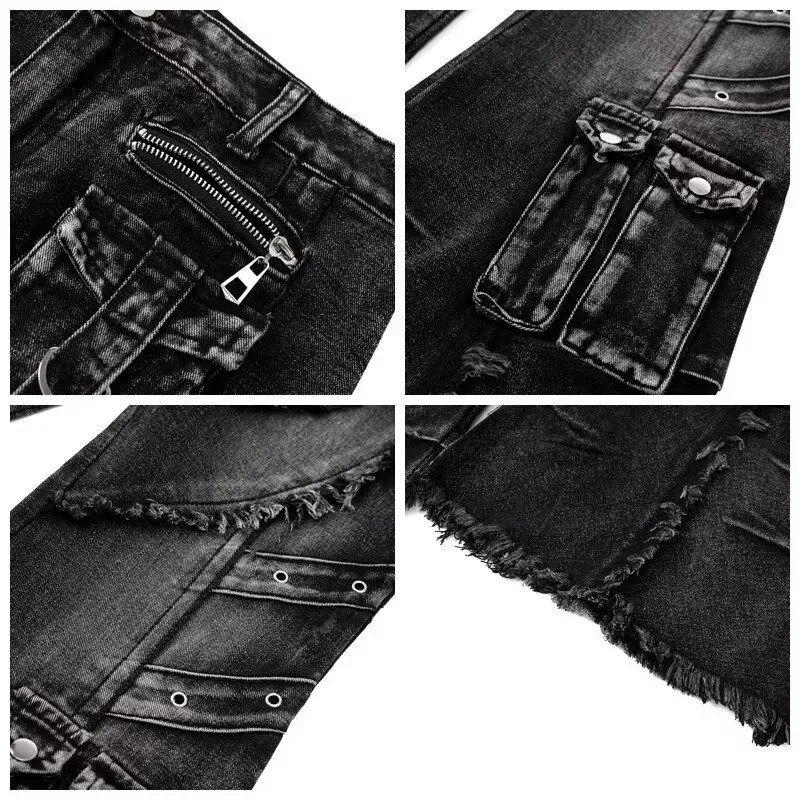 2000S Harajuku الجمالية خمر الجينز السراويل السراويل الملابس النسائية الأسود القوطية البضائع الفضفاضة الجينز Y2K الأمريكية عالية Stree