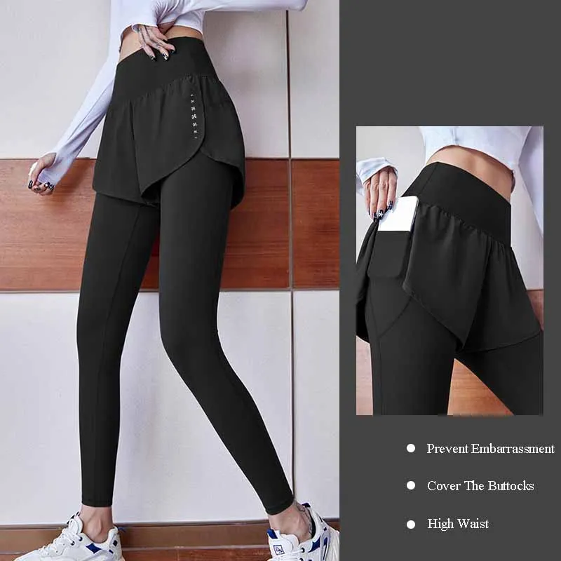 Women's Gym Leggings Elastic High Waist Fake Two Pieces Yoga Pants With Pockets Sportswear Running Tights Gym Yoga Wear