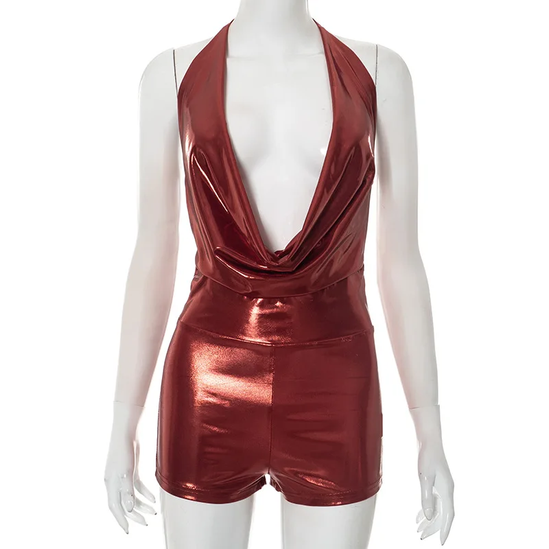 أنيق سيدة بولي Leather الجلود بلايسوت 2025 الصيف النساء الرسن الخامس الرقبة عارية الذراعين Bodycon بلون مثير نادي حفلة سليم السروال القصير