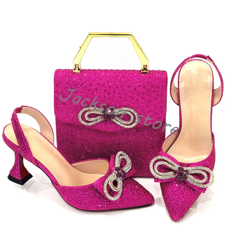 2024 Summer Rhinestone Pointed Toe Women's High Heel Pumps Party Slip On Matching Small Handbag Set Exquisite Bow Sandals