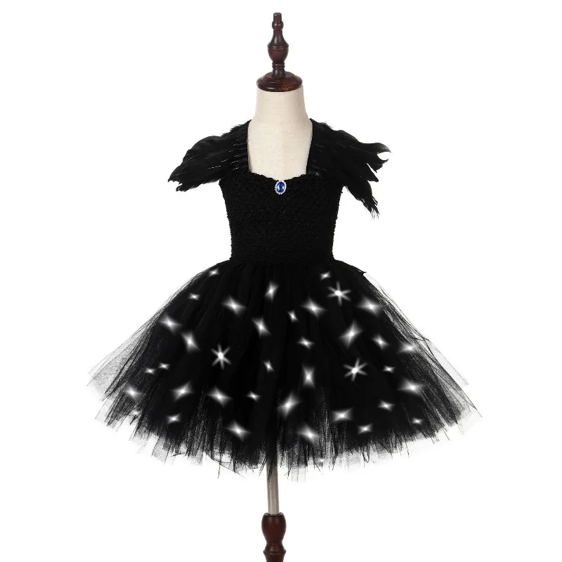 Girls' LED Light-up Tulle Tutu Dress, Black & White Angel Devil Cartoon Ballet Costume, Suitable for Halloween Carnival Parties