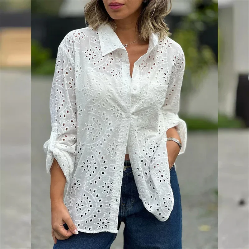 

Summer Hollow Out Breathable Blouse Women Lapel Single Breasted Cardigan Female Commuter Casual Long Sleeve Loose Tops New Shirt