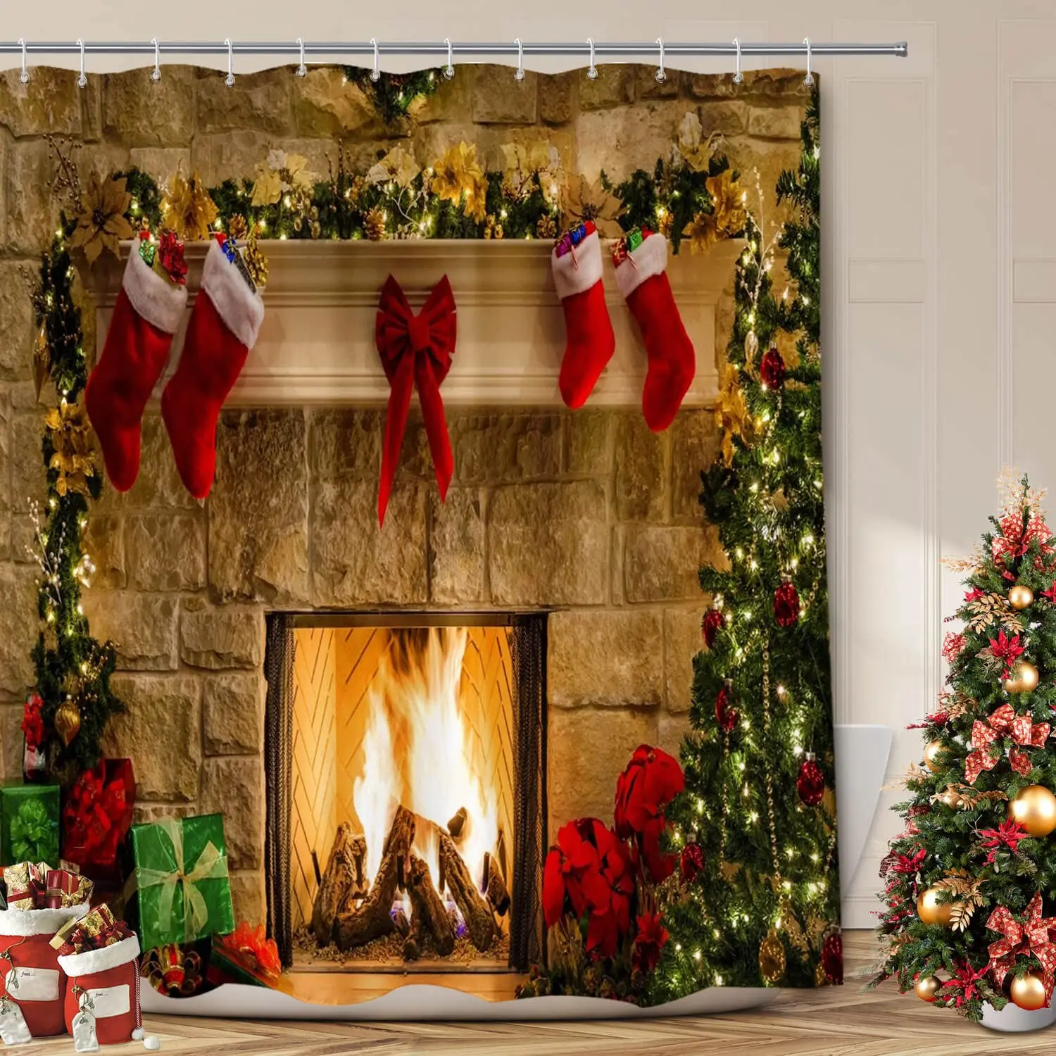 

Christmas Shower Curtain Fireplace Gifts&Socks New Year Holiday Bathroom Decor Red Shower Curtains for Christmas Bathroom Sets