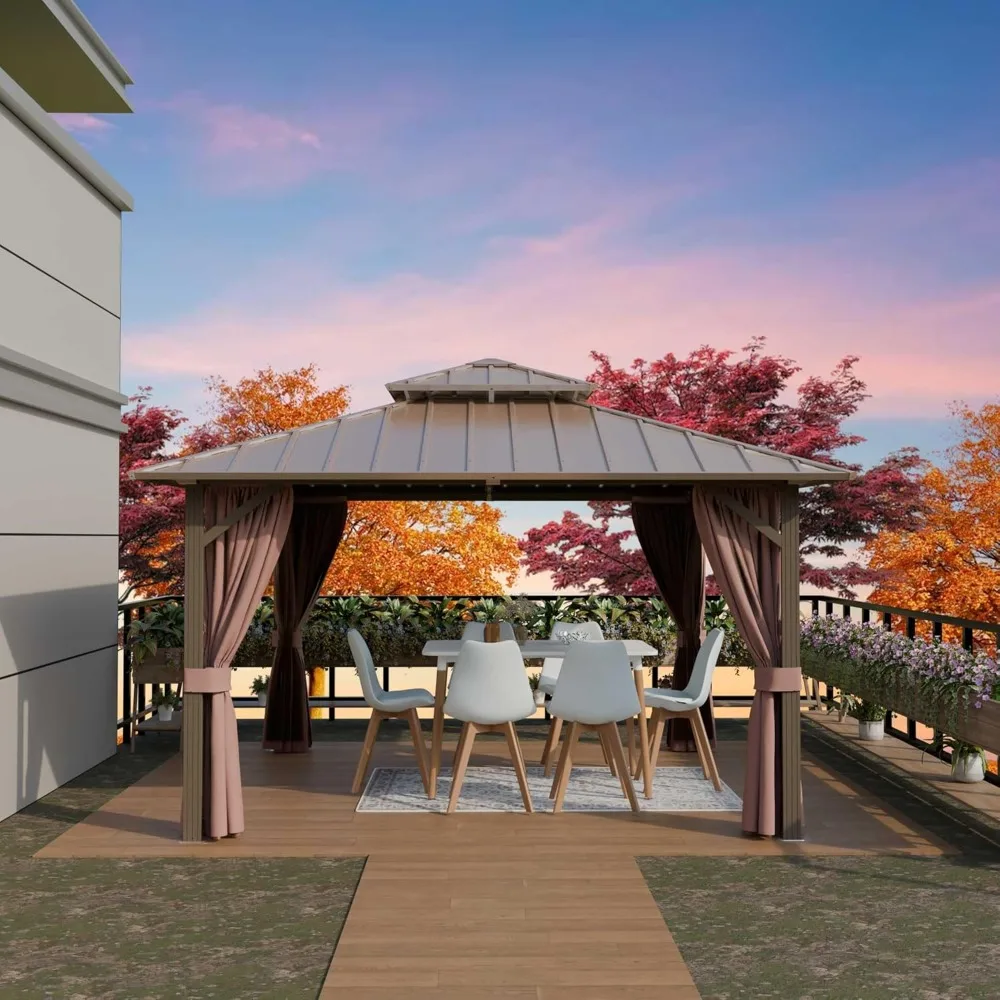 

10'x14' Hardtop Gazebo, Outdoor Aluminum Frame Galvanized Steel Double Roof Pavilion with Netting and Shaded Curtains