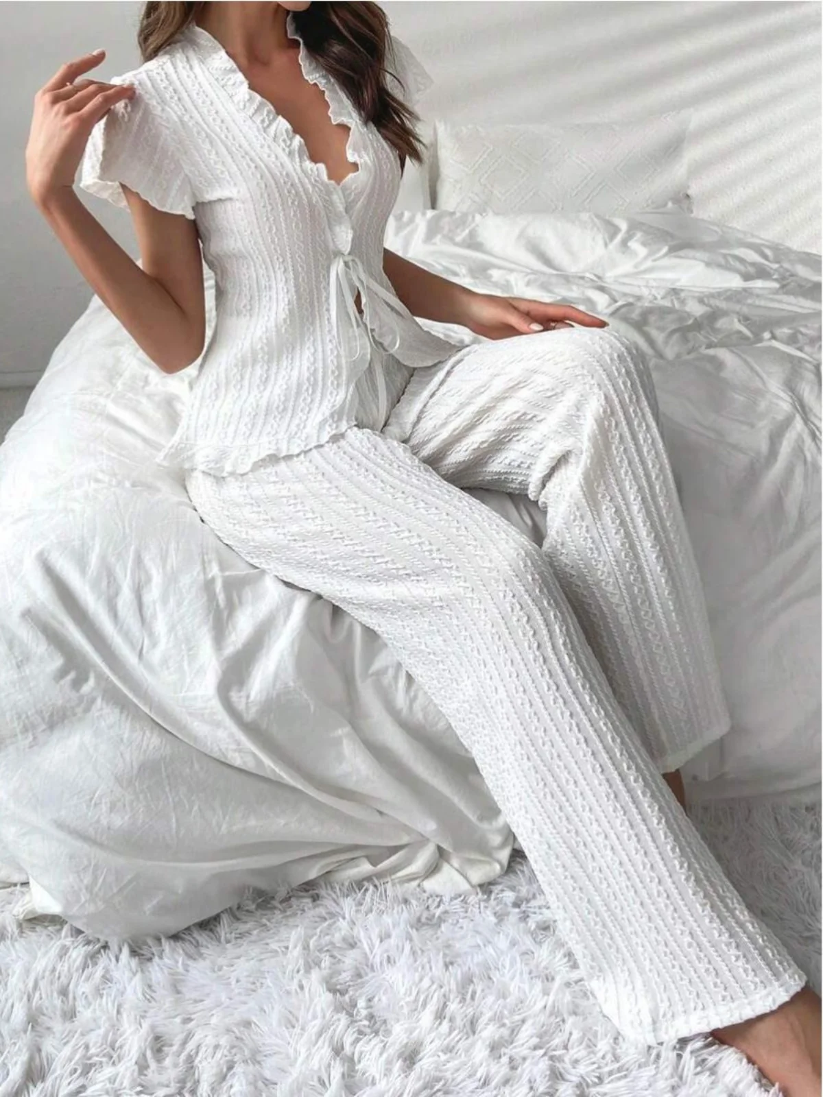 

Faionable ort Sve Long Pants Two-Piece Set Sexy Home Clothes Women's V-Ne Top And Pants Combo Spring 2025