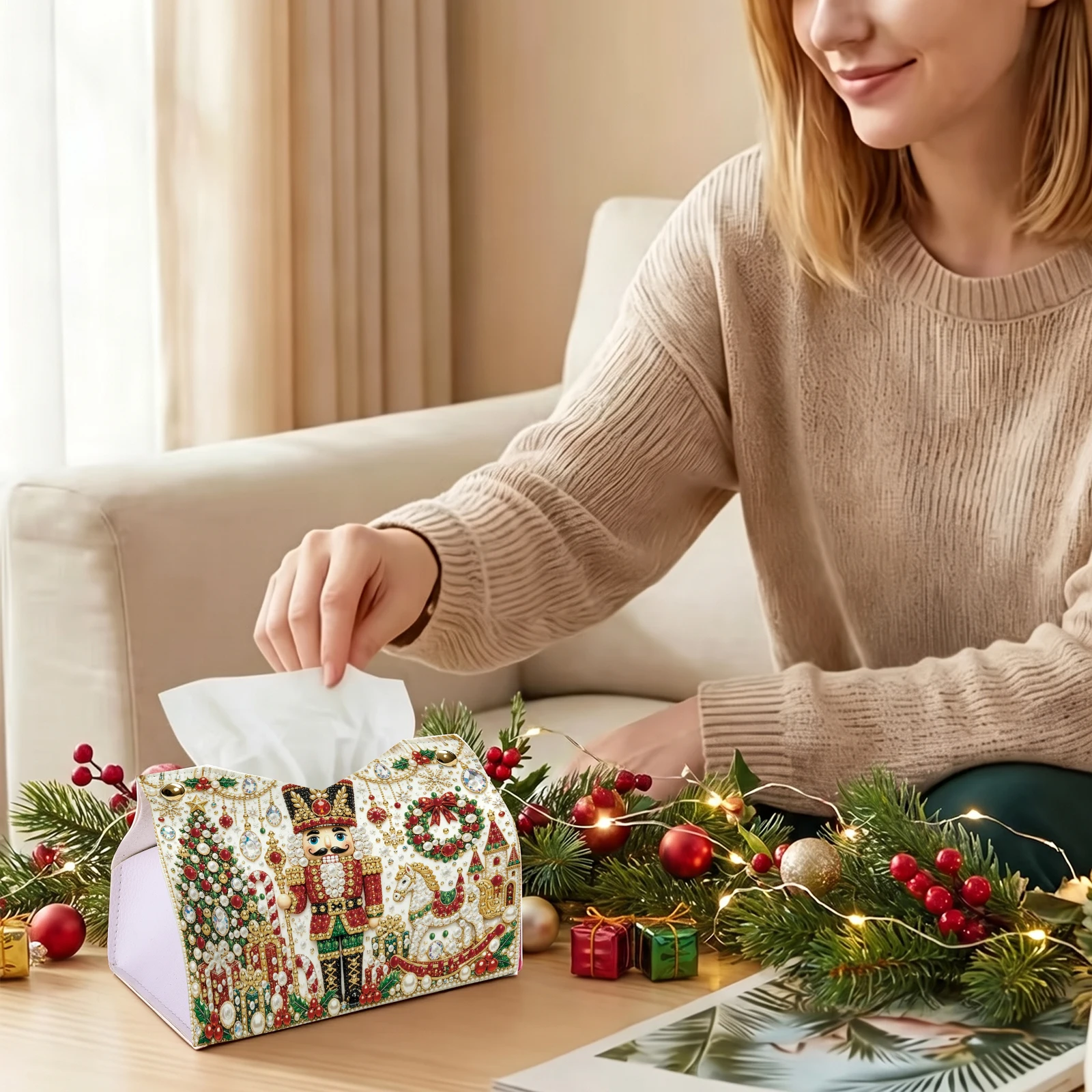PU Diamond Painting Tissue Holder Christmas Special Shaped DIY Desk Organizer 9.45x6.3in