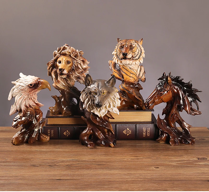 

American Retro Simulation Animal Head Statue Wolf Lion Tiger Eagle Horse Sculpture Home Living Room Bedroom Bookcase Decoration