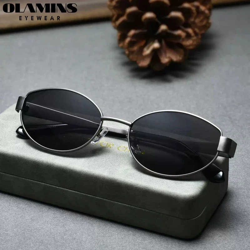 Olamins Vintage Oval Sunglasses Men Women Ultra Light Metal Frame Polarized UV400 Driving Myopia