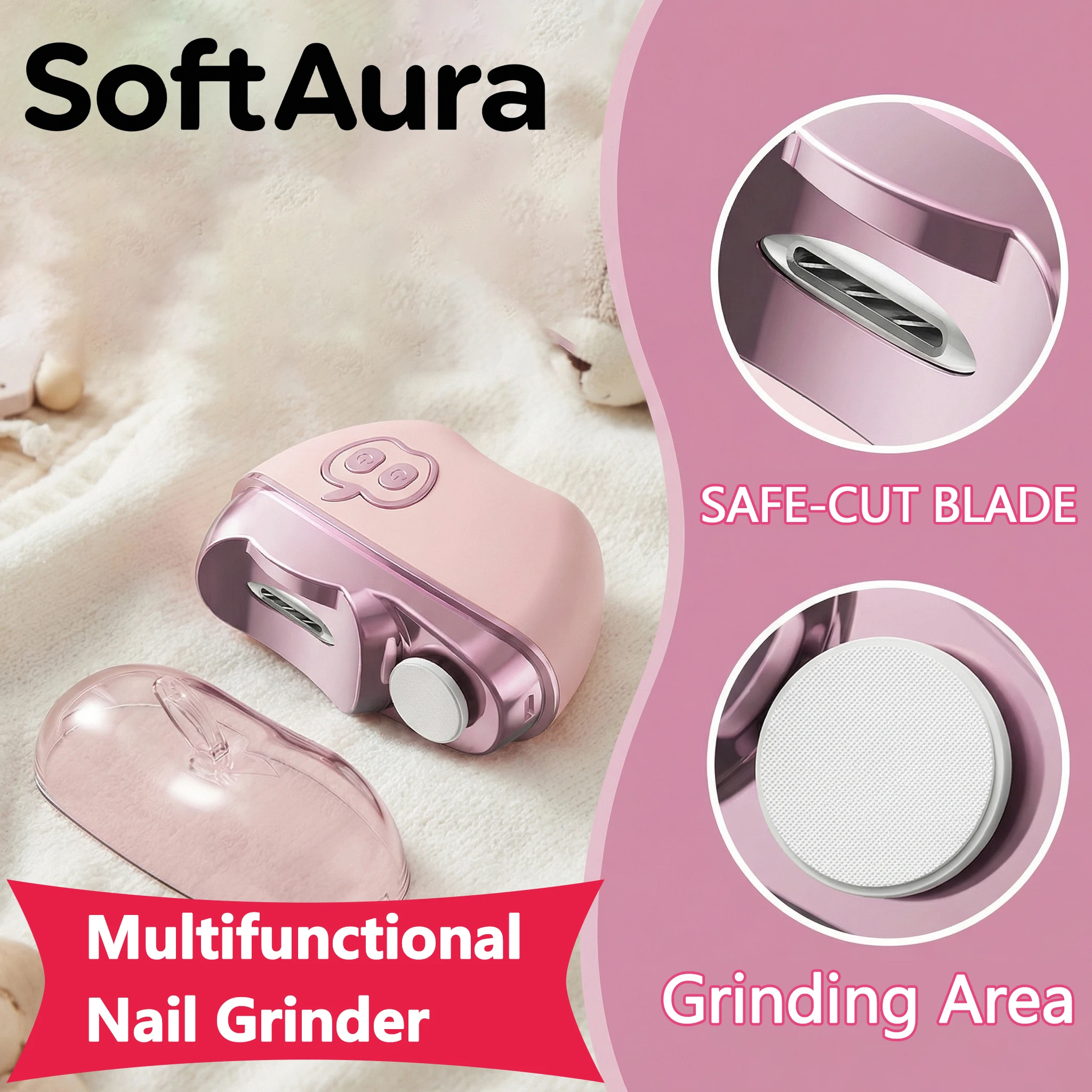 

SoftAura Rechargeable Electric Nail Clipper Grinder Low Noise Safe for Adult Kids Nursing Home Use Personal Grooming Tool