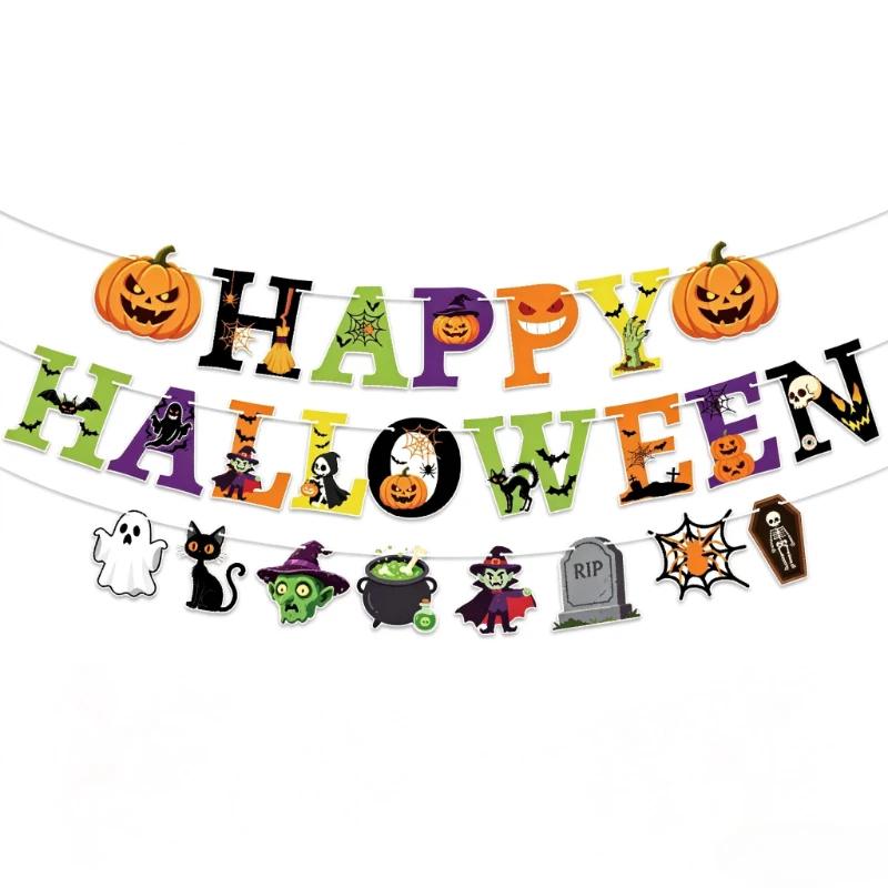 Happy Halloween Banner Pumpkin Paper Garland Trick Ghost Bat Spider Witch Banner Hanging Pendants Bat Decoration Supplies Home