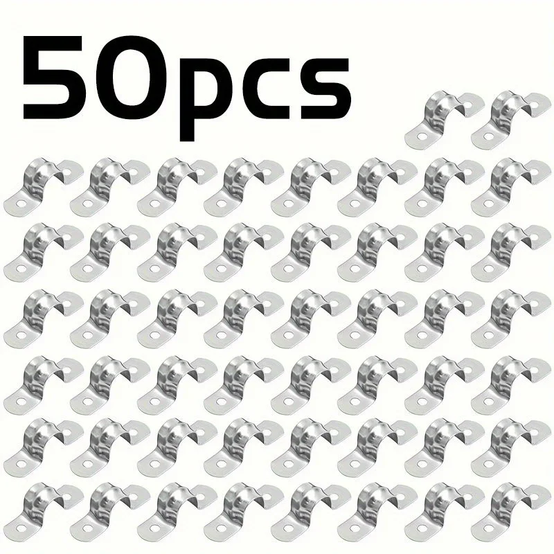 50Pcs U Shape Pipe Clamp Stainless Steel Two Holes Riding Clip U Bracket Rigid Pipe Strap Metal Saddle Clamps