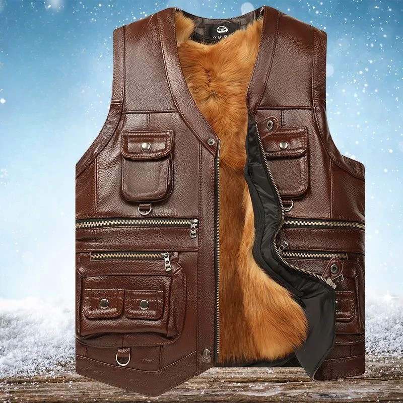 

2024 Women Autumn Winter New Genuine Leather Vest Men Pocket Middle-aged Waistcoat Male Thick Fleece Sleeveless Coats D351