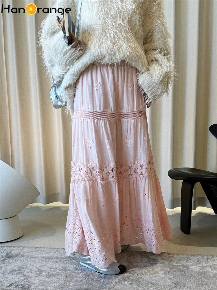 HanOrange 2026 Spring Bohemian Romantic Lace Petal Applique Cake Skirt Loose Flared Grand Long Skirt Pink