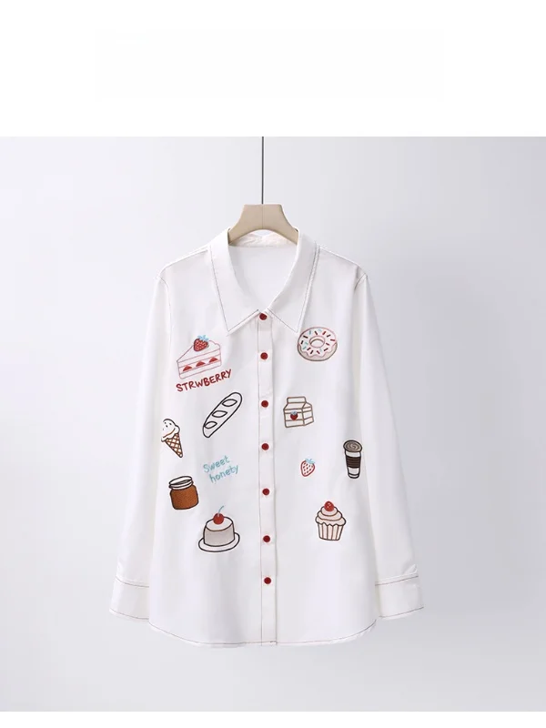 

Женская рубашка больших размеров с вышивкой в виде сладких десертов, модная, свободного кроя, весенняя, повседневная, из смесового полиэстера, с длинным рукавом